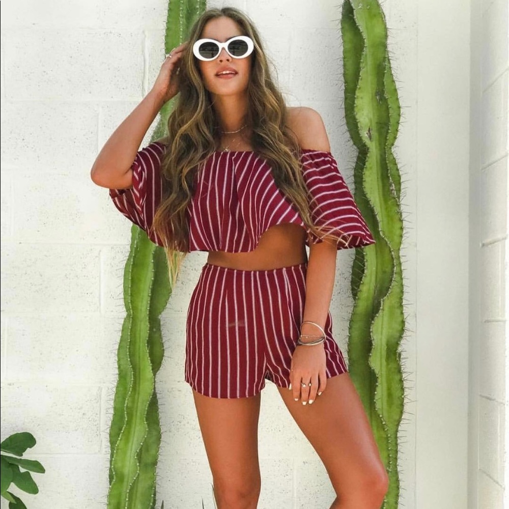 Show Me Your Mumu Heidi Ruffle Crop Maroon Stripe